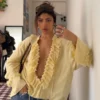 Casual Chiffon Ruffle Hem Yellow Shirt Women's Chic V Neck Long Sleeve Loose Tops 2025 Lady Summer Daily Commute Street Wear New