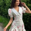 Sweet Floral Printed Ruffle Hem Dress Chic A-line Lapel Puff Sleeve Dresses For Women 2025 Summer Lady Holiday Street Gowns New