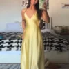 Women Yellow Satin Backless Sling Dress Elegant High Waist V Neck Slim Fit Maxi Dresses 2025 Lady Summer Vacation Street Robes